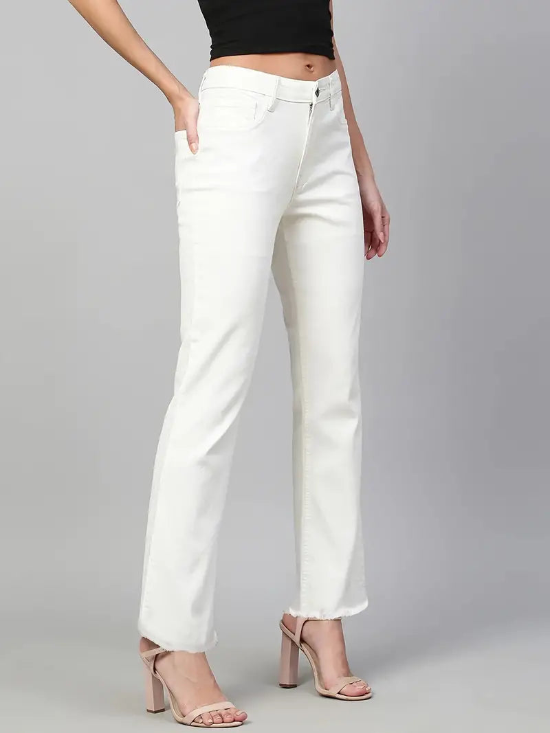 High Waist White Raw Hem Wide Leg Denim Jeans