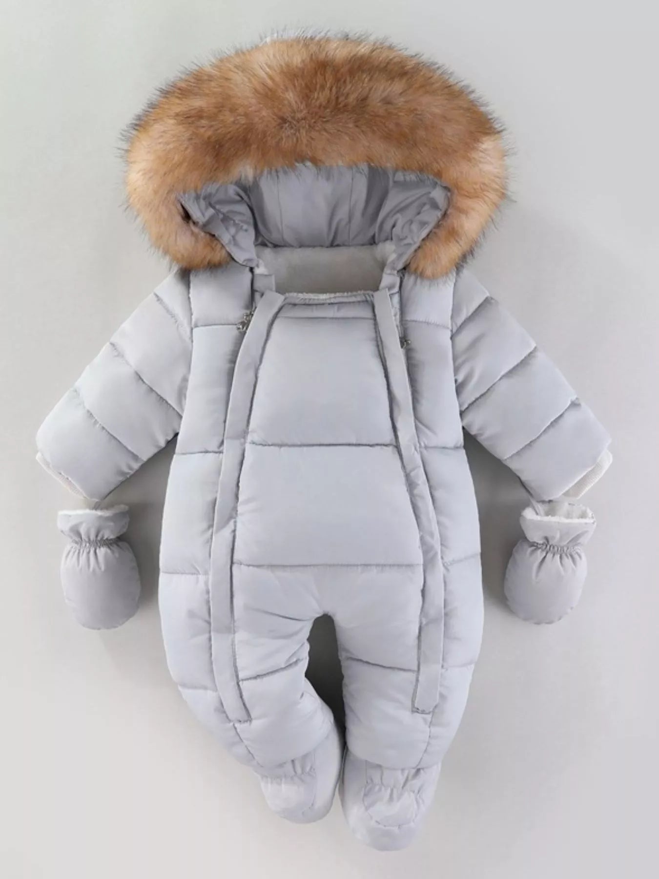 Children's Warm Padded One-Piece Snowsuit with Fur Hood - cas7m