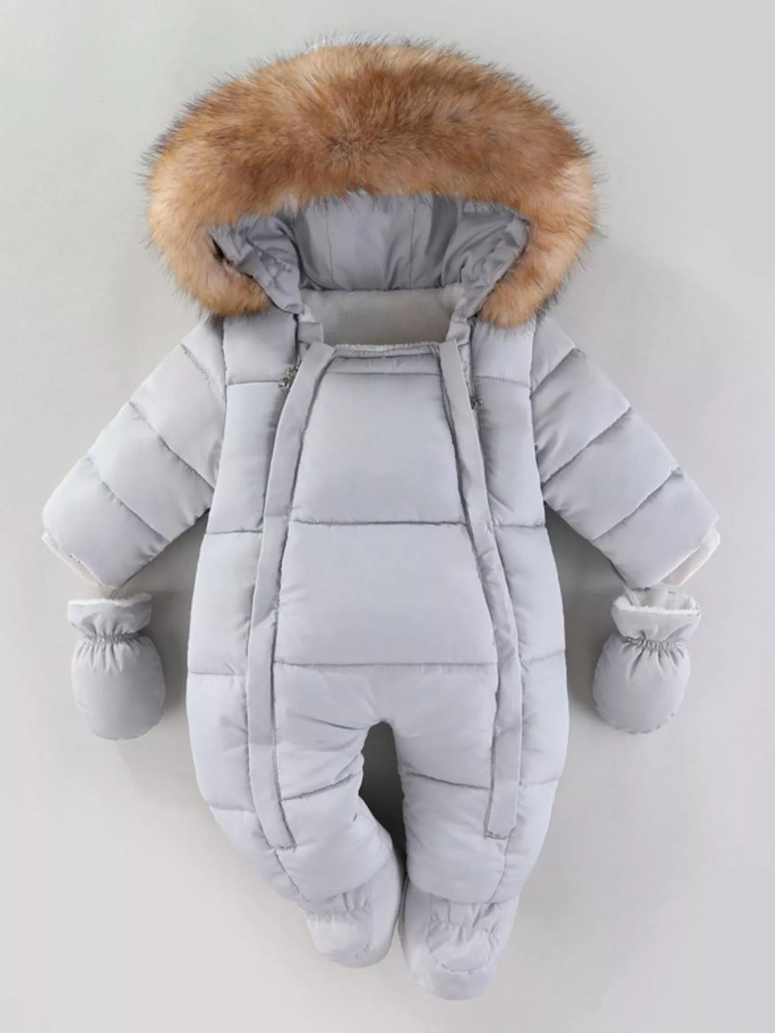 Children's Warm Padded One-Piece Snowsuit with Fur Hood - cas7m