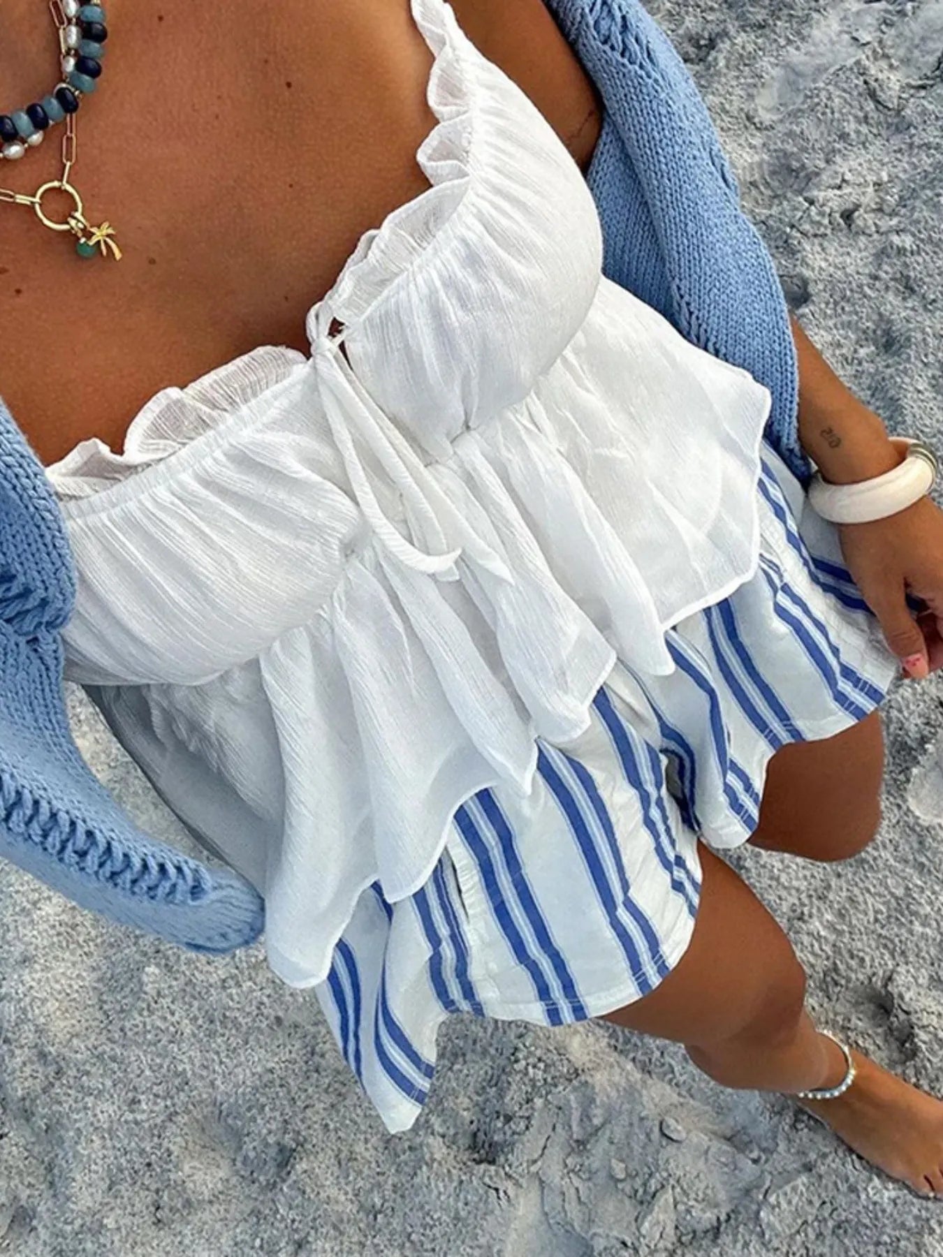 Striped High-Waist Linen Blend Summer Shorts - cas7m