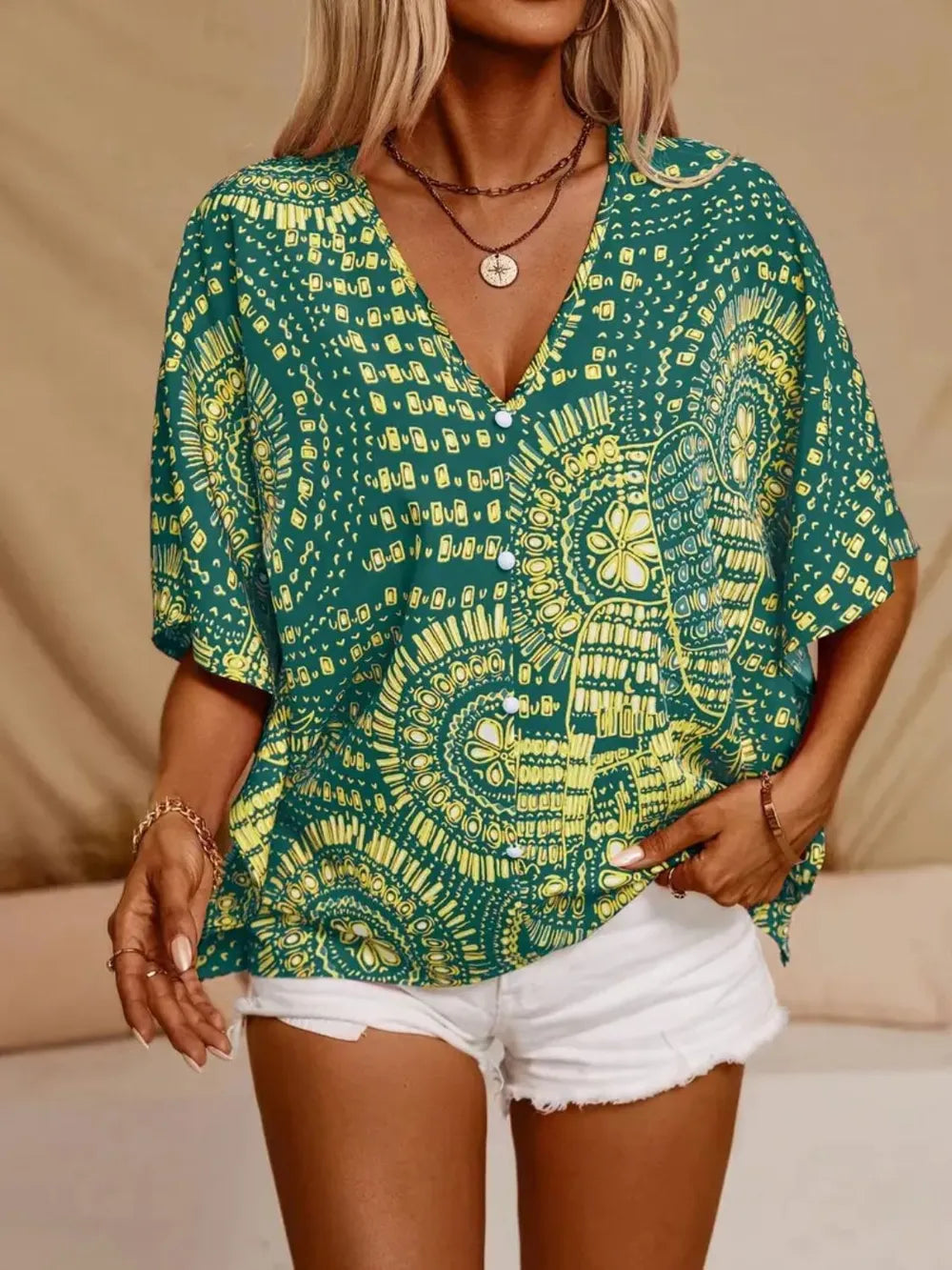 Printed V-Neck Half Sleeve Top - cas7m