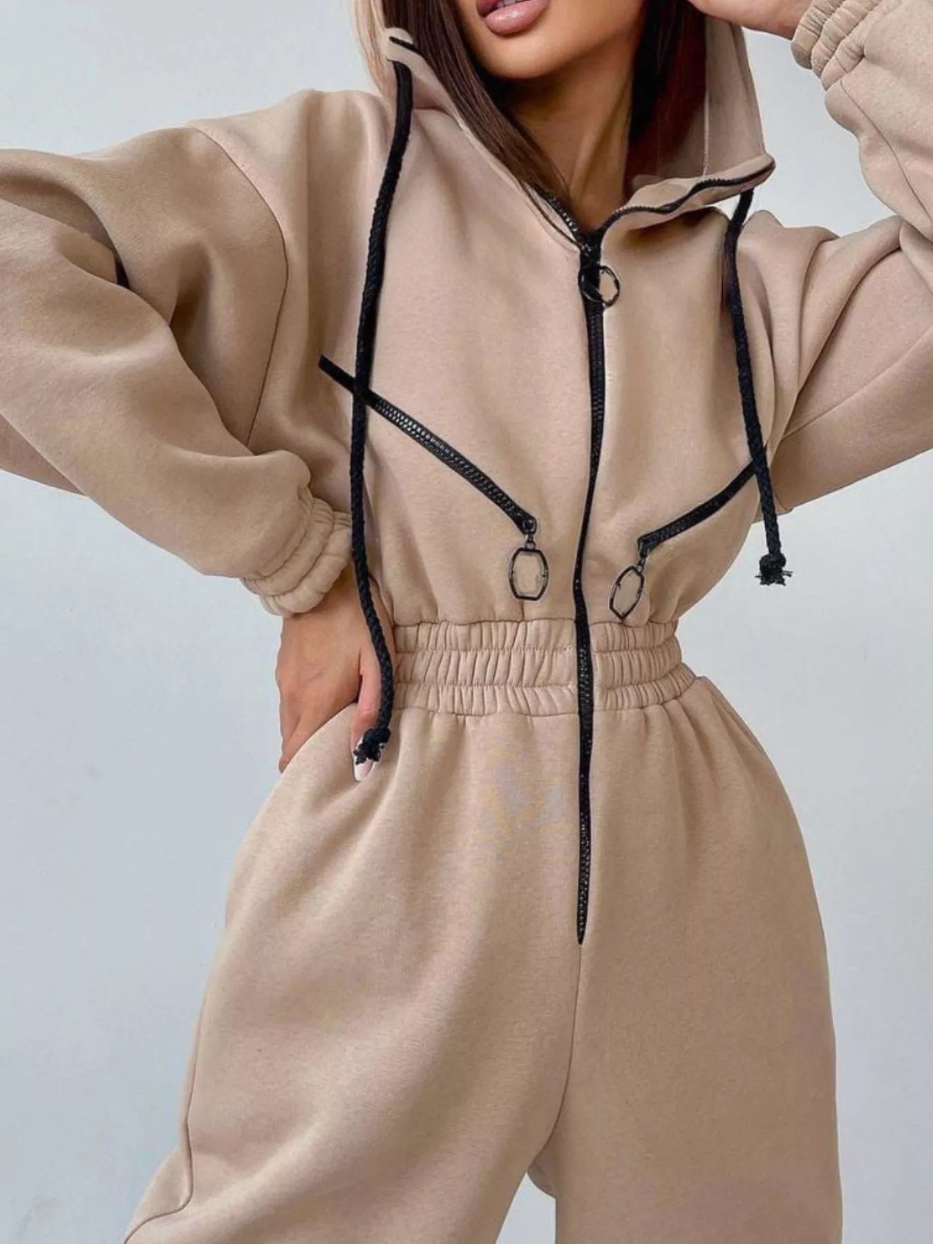 Hooded Zip-Up Long Sleeve Jumpsuit - cas7m