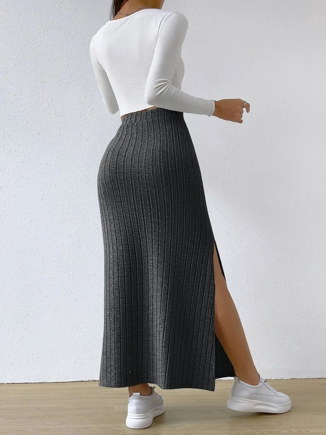 High Waist Ribbed Knit Maxi Skirt - cas7m