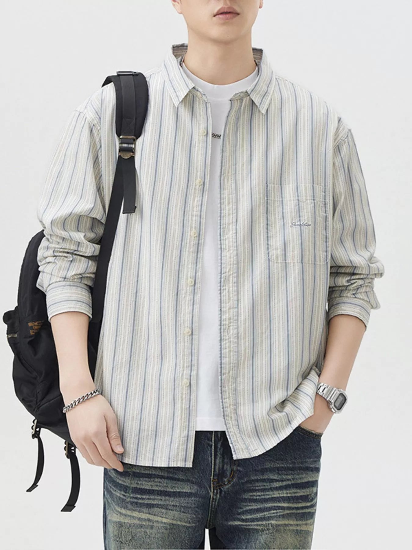 Men's Striped Button Up Long Sleeve Shirt - cas7m