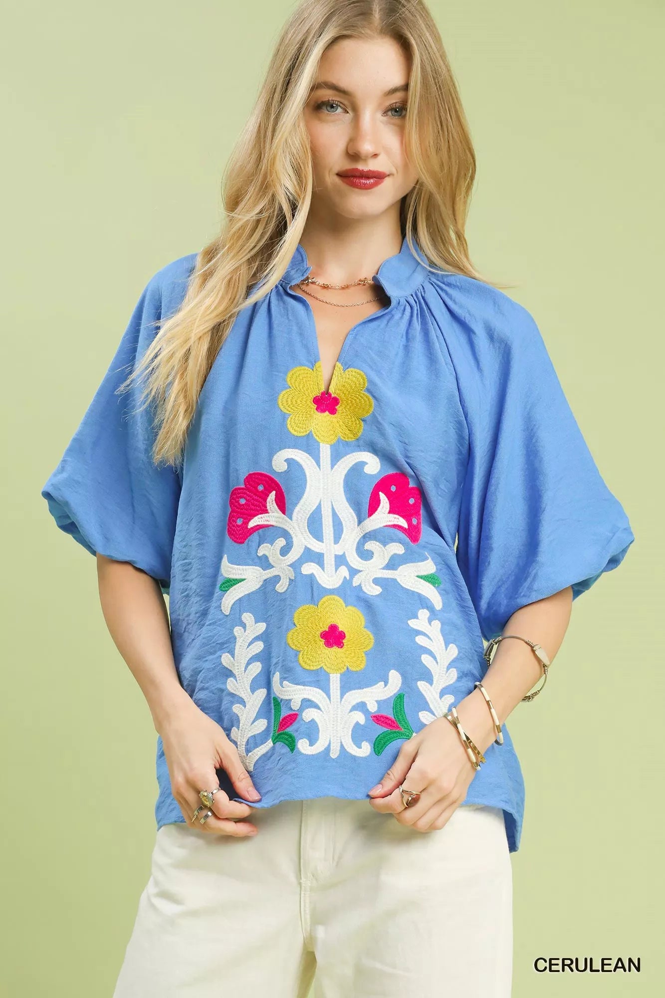 Umgee Embroidered Boho Puff Sleeve Blouse - cas7m