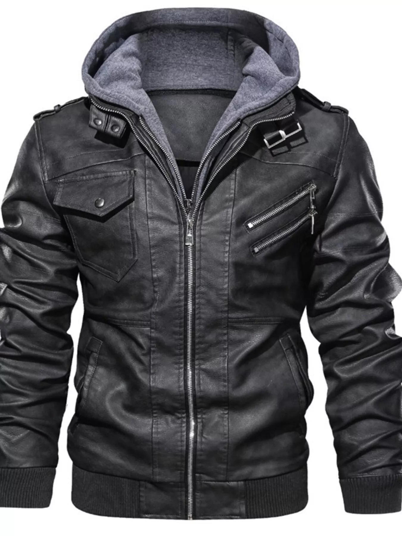 Men's Full Size Hooded Faux Leather Moto Jacket Plus Size - cas7m