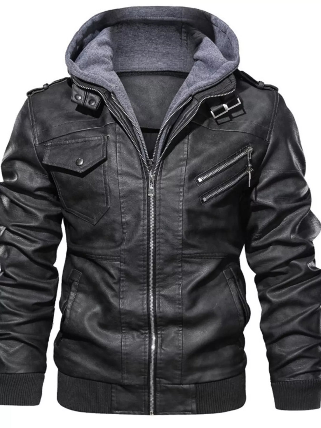 Men's Full Size Hooded Faux Leather Moto Jacket Plus Size - cas7m