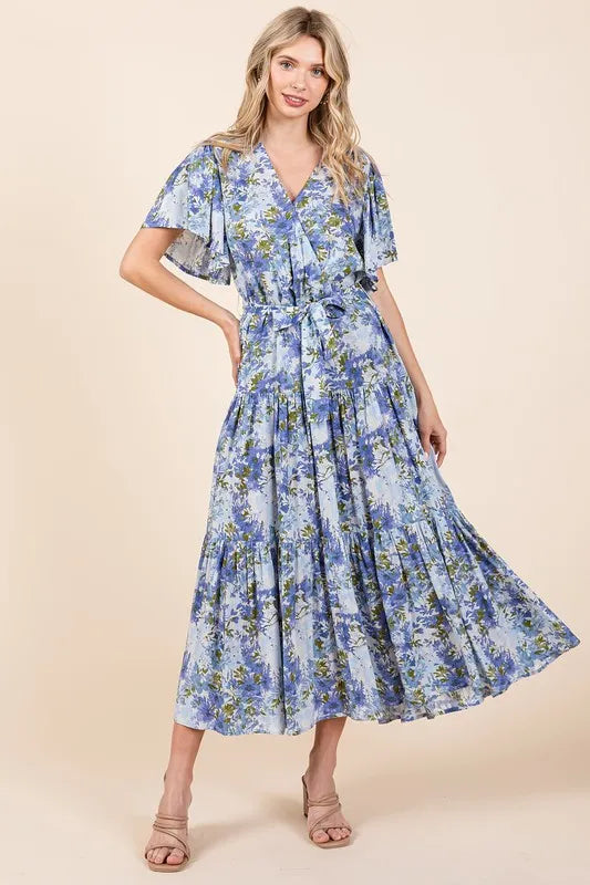 Mittoshop Floral Tie Waist Flutter Sleeve Tiered Dress - cas7m