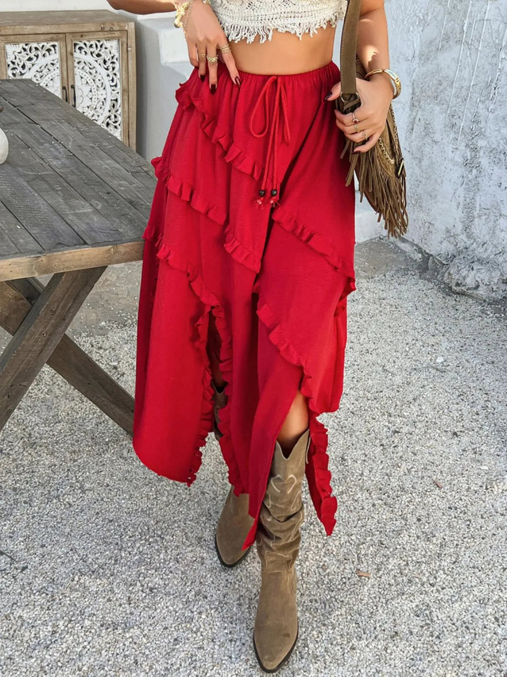 Devine Slit Drawstring Ruffled Skirt - cas7m