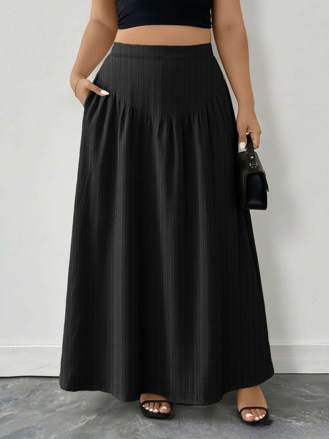 Plus Size Polyester Pocketed Midi Skirt - Easy Care Fashion - cas7m