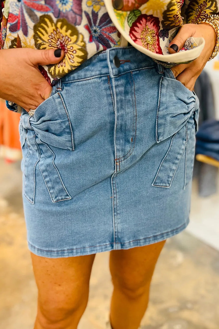 Acid Wash Bowknot Details High Waist Denim Skirt - cas7m