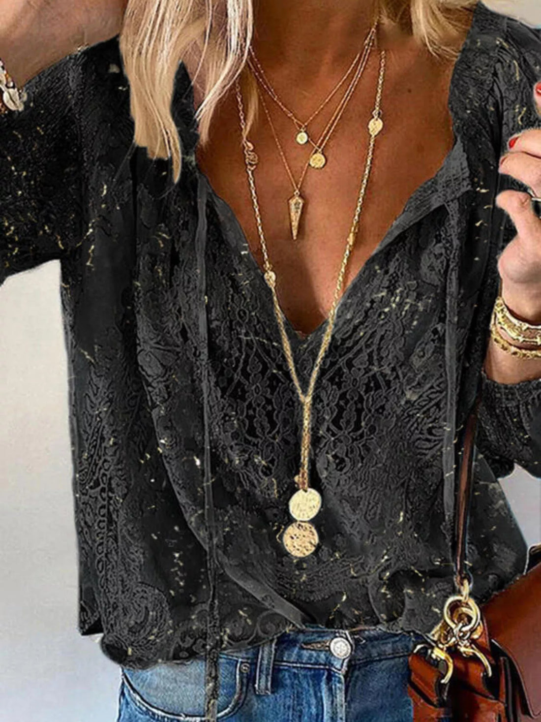 Lace Tie-Neck Blouse - cas7m