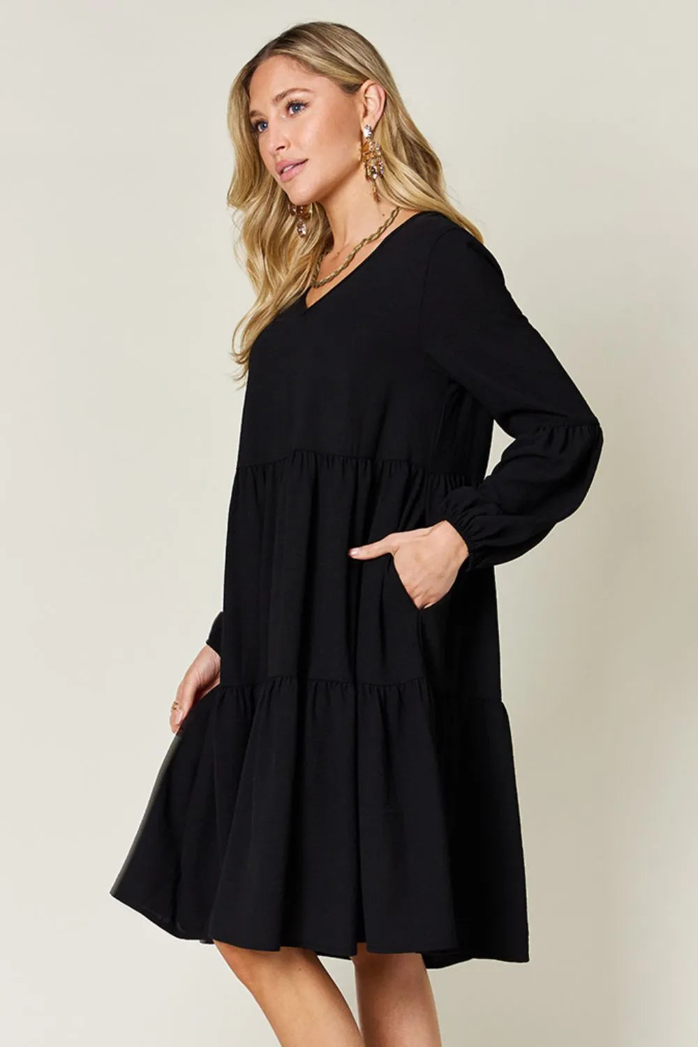 Double Take Full Size V-Neck Balloon Sleeve Tiered Dress with Pockets - cas7m