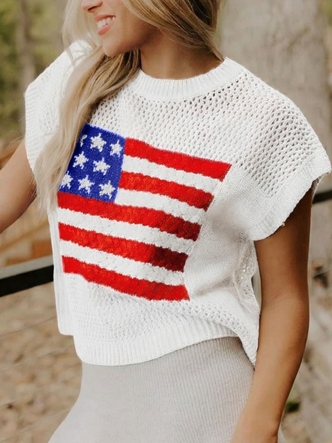 American Flag Knitted Short Sleeve Sweater - cas7m