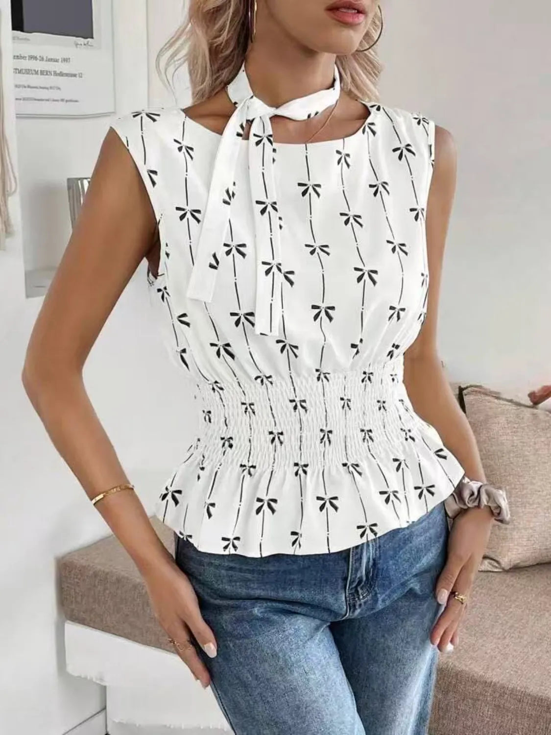 Bow Print Tie Shoulder Tank - cas7m