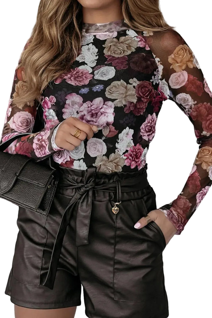 Floral Mock Neck Long Sleeve Mesh Top - cas7m