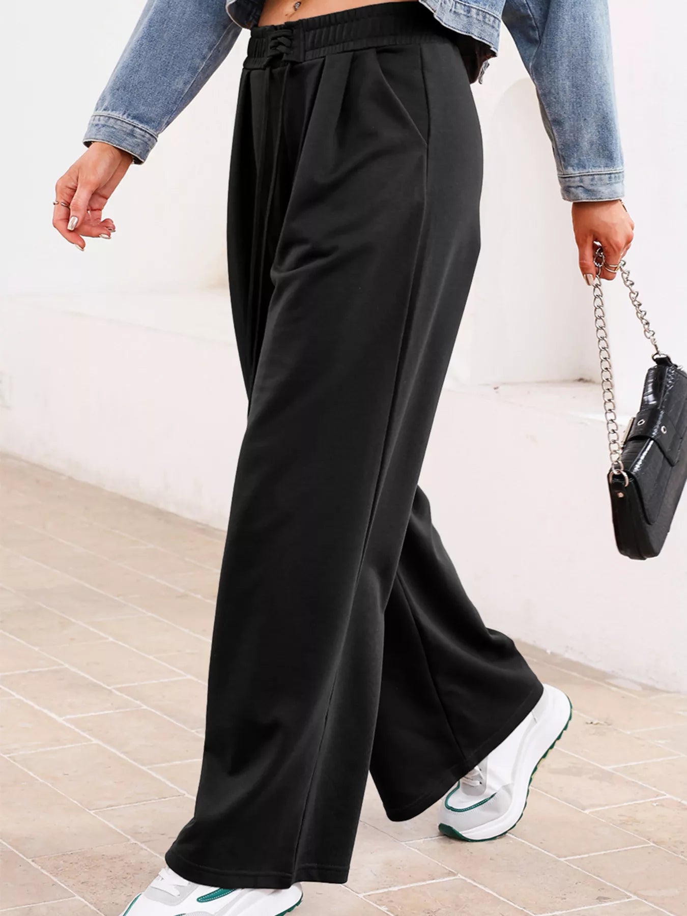 Tied Elastic High Waist Pleated Detail Solid Sweatpants - cas7m