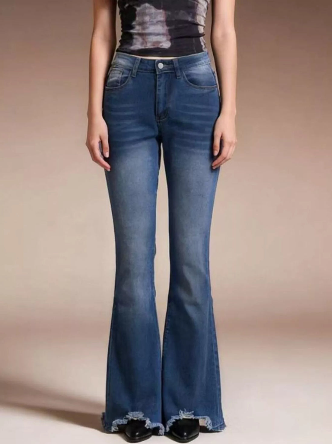 Raw Hem High-Waisted Flare Jeans - cas7m