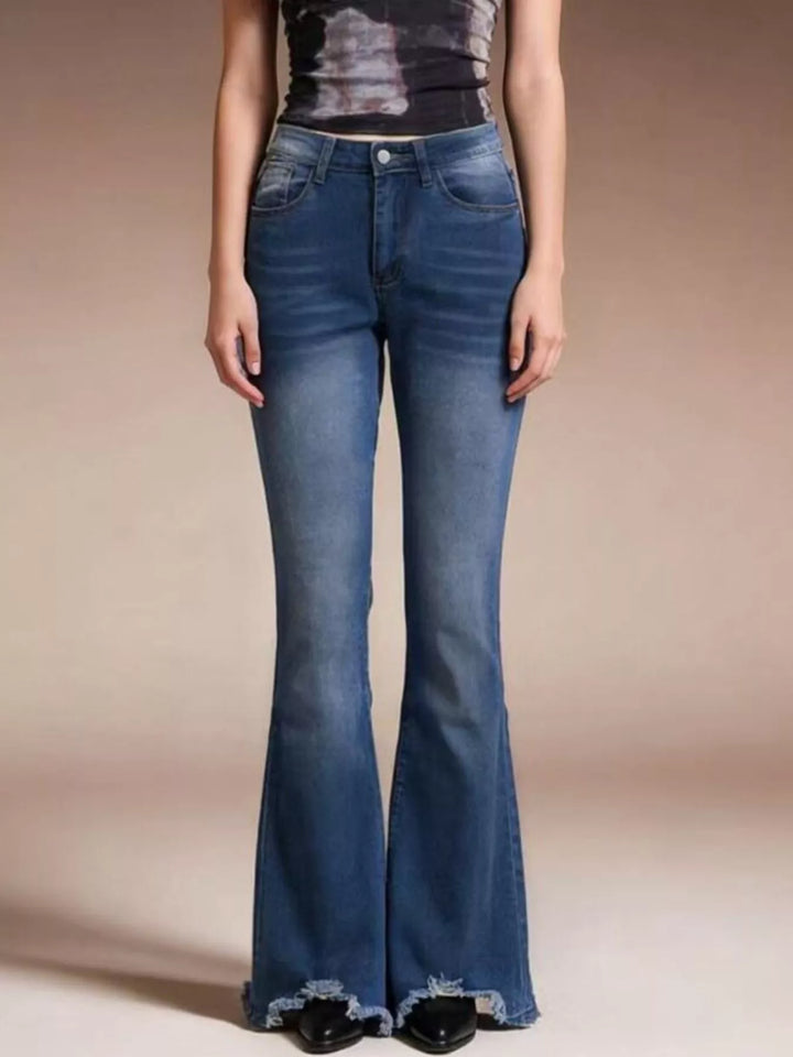 Raw Hem High-Waisted Flare Jeans - cas7m