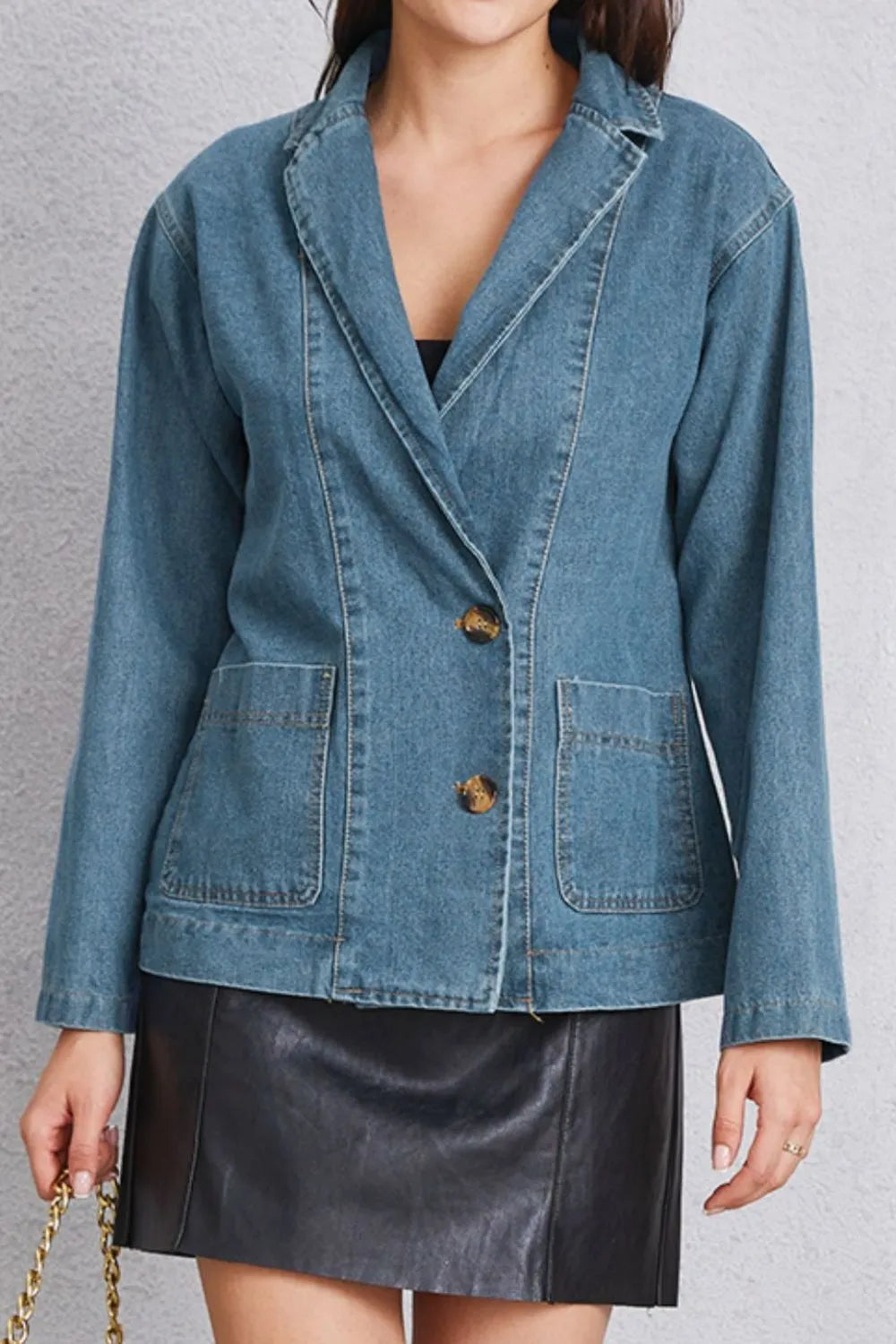 Pocketed Button Up Denim Jacket - cas7m