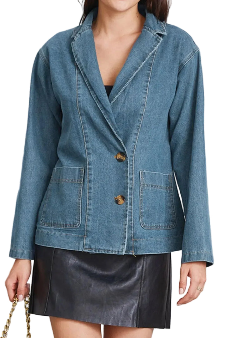 Pocketed Button Up Denim Jacket - cas7m