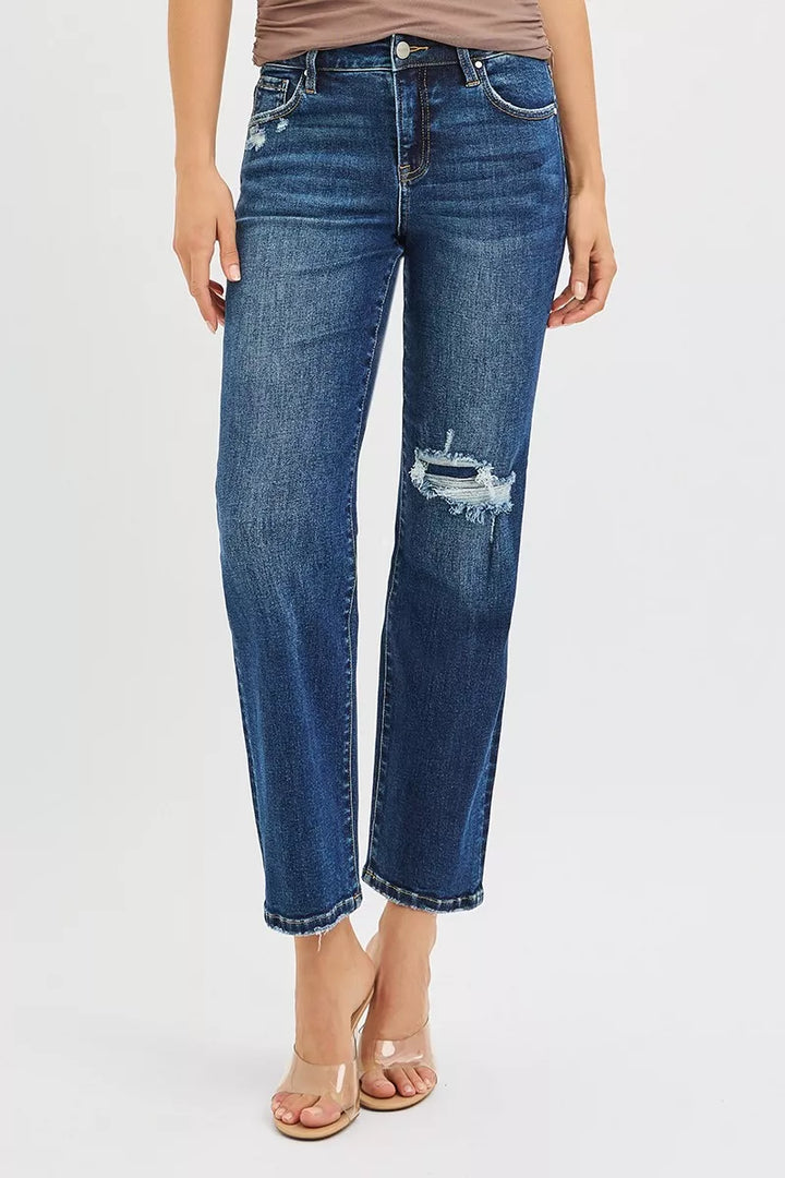 RISEN High Rise Crop Slim Straight Jenas with Hidden Knee Patch - cas7m