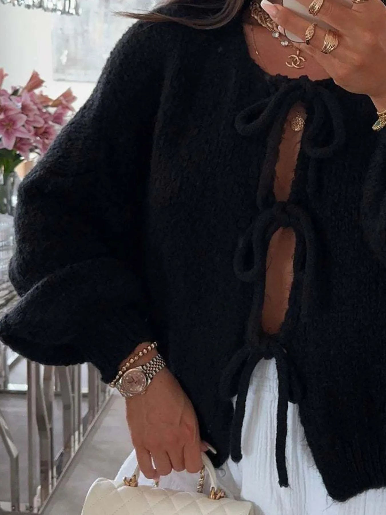 Cozy Bow-Tie Front Knit Cardigan - cas7m