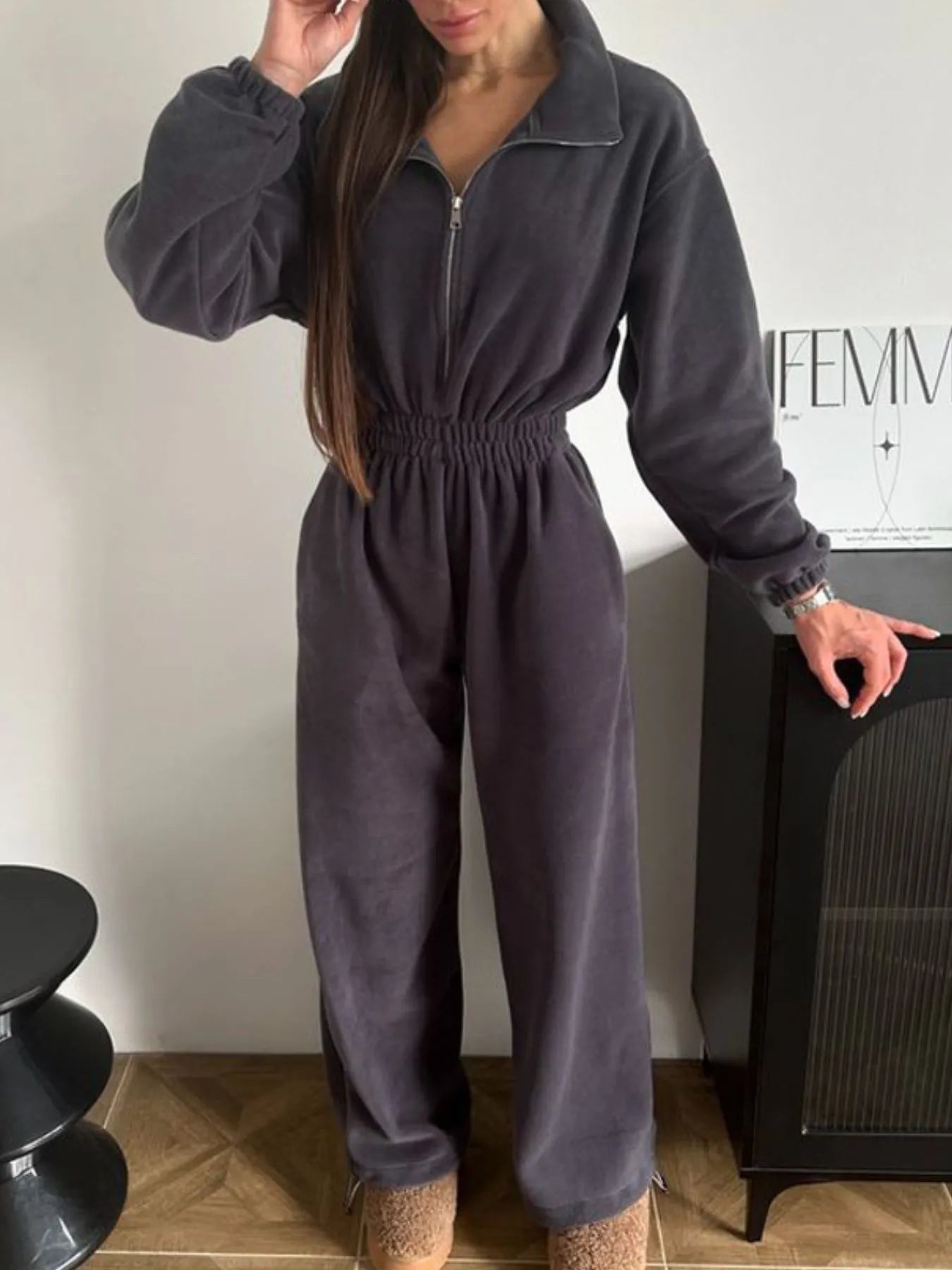 Zip Front Long Sleeve Jumpsuit - cas7m