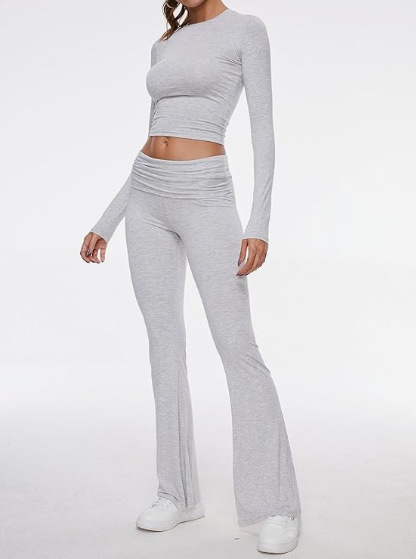 Women's Round Neck Bell-Bottom Pants Suit - cas7m