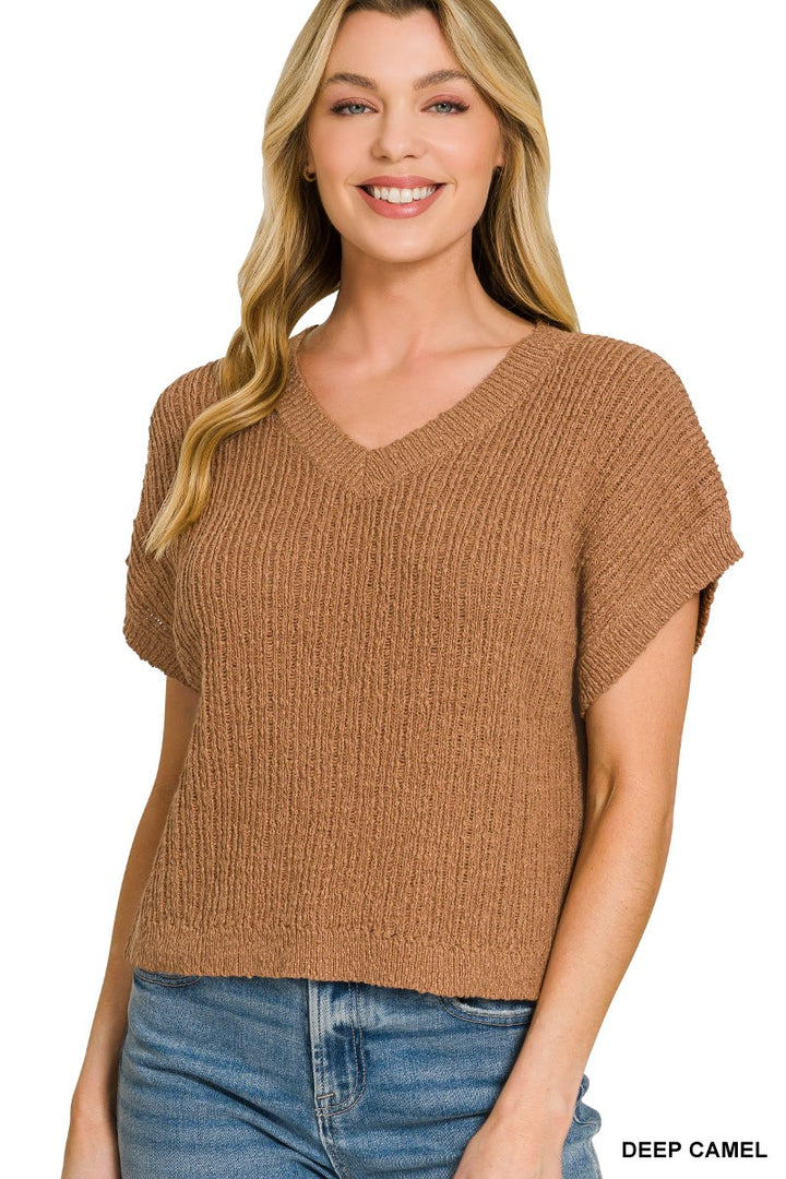Zenana Textured Knit V-Neck Cropped Sweater - cas7m