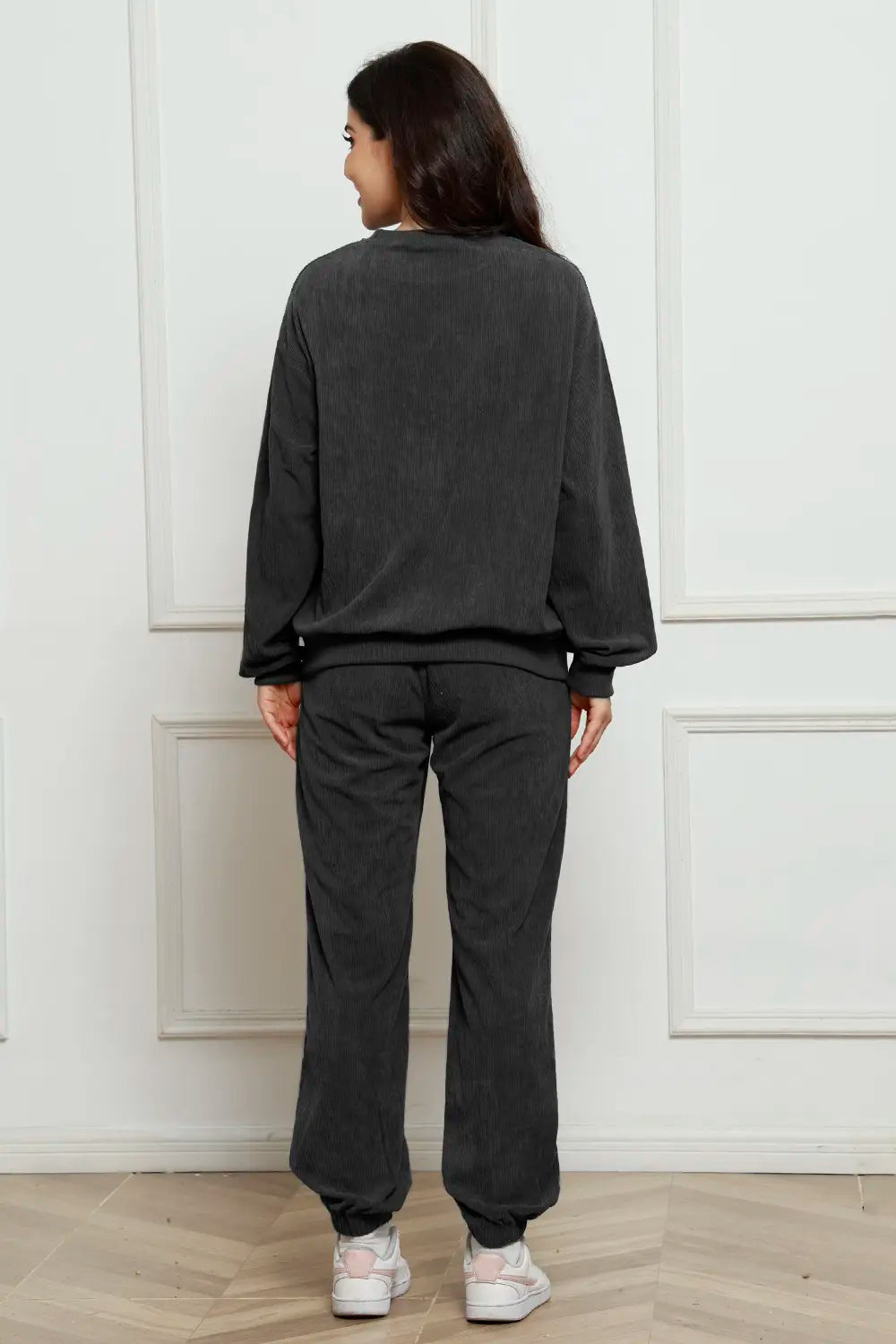 Corduroy Round Neck Sweatshirt and Sweatpants Set - cas7m