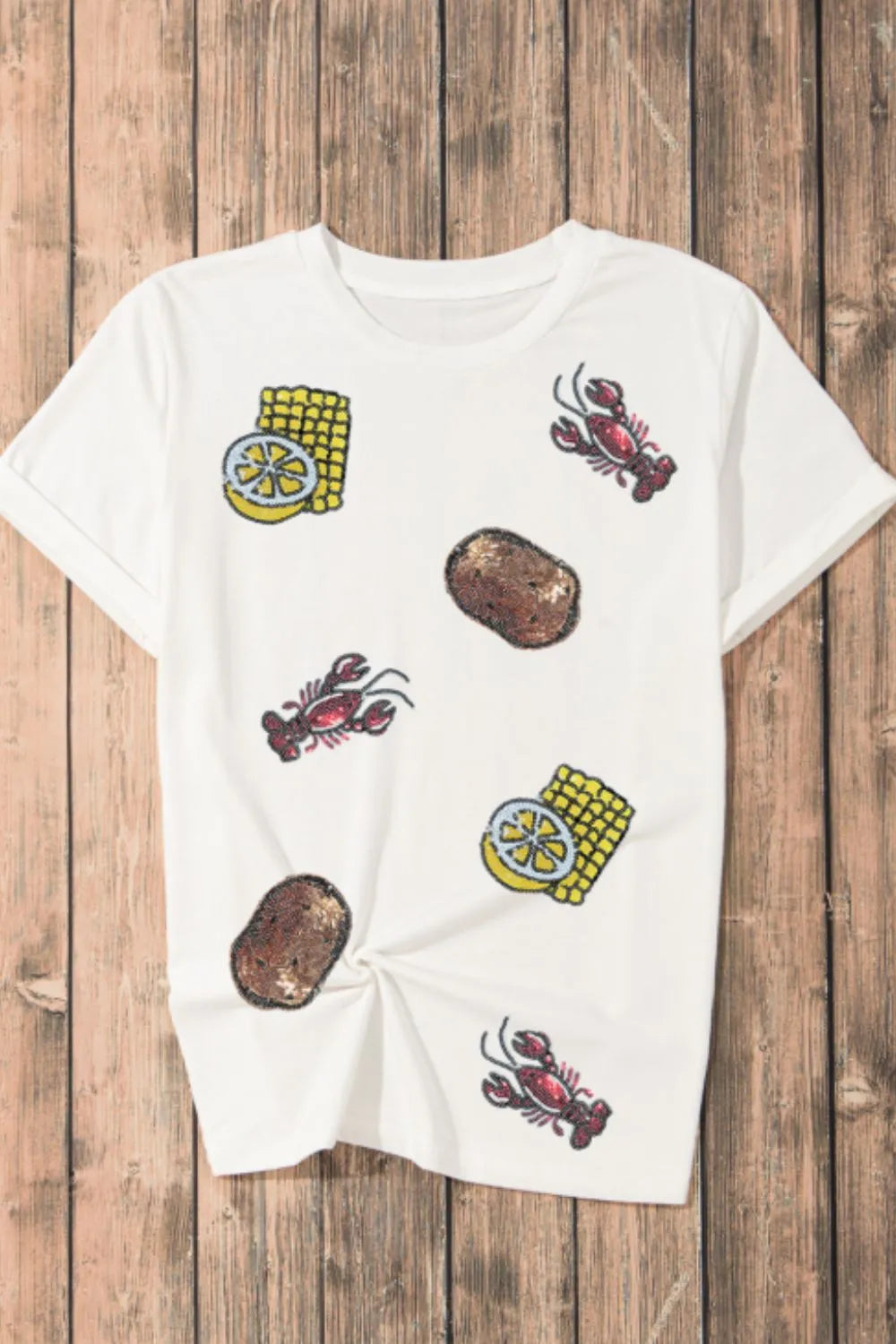 Sequin Crawfish Potato Round Neck Short Sleeve T-Shirt - cas7m