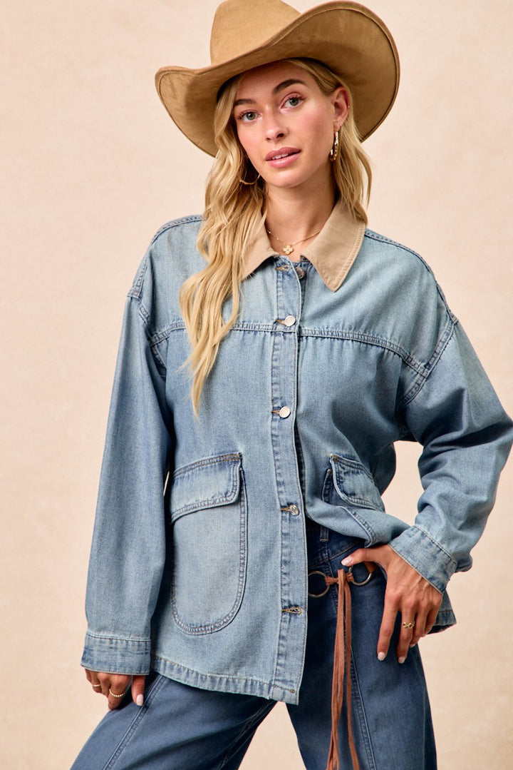 BiBi Washed Denim Jacket with Contrast Collar Detail - cas7m