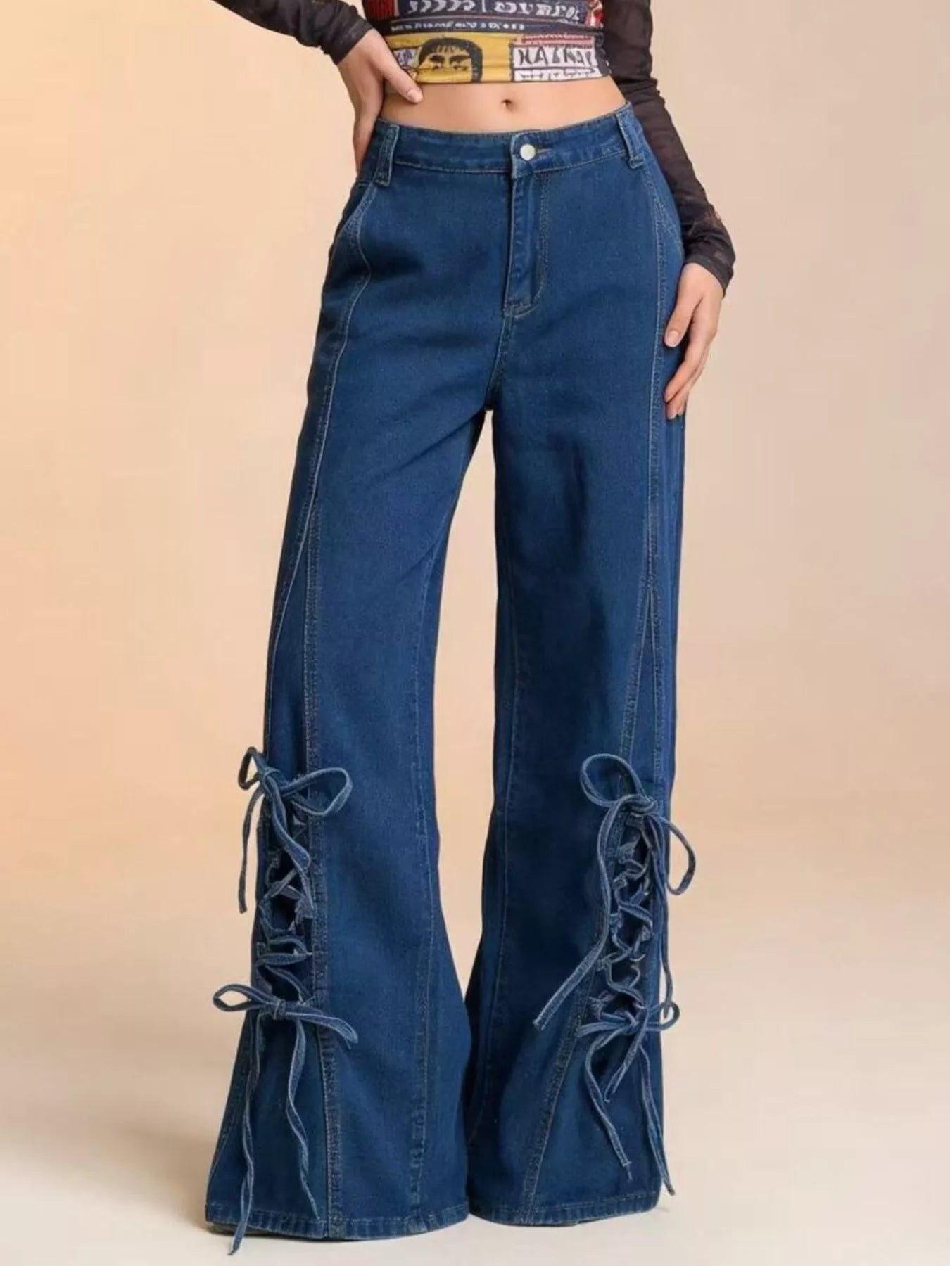 Lace-Up Wide Leg Jeans - cas7m