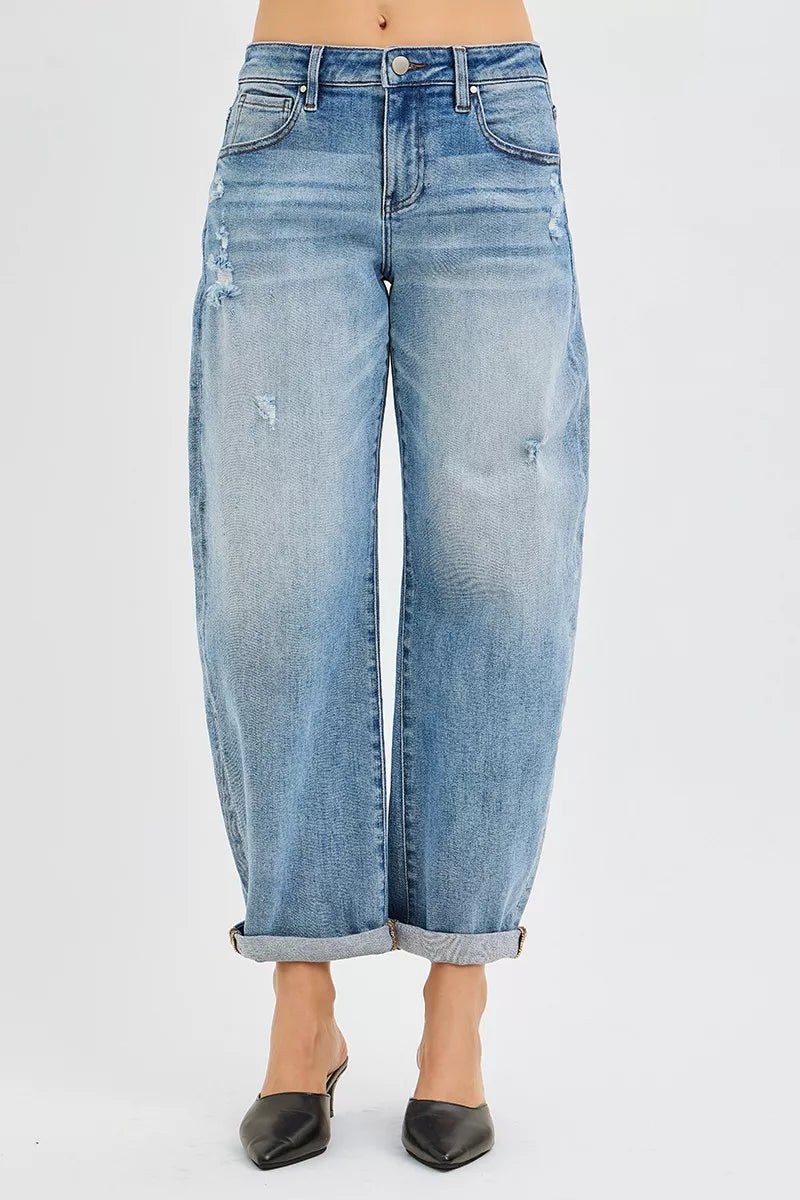 RISEN Full Size Slouchy Ankle Length Barrel Jeans with Cuffs Plus Size - cas7m