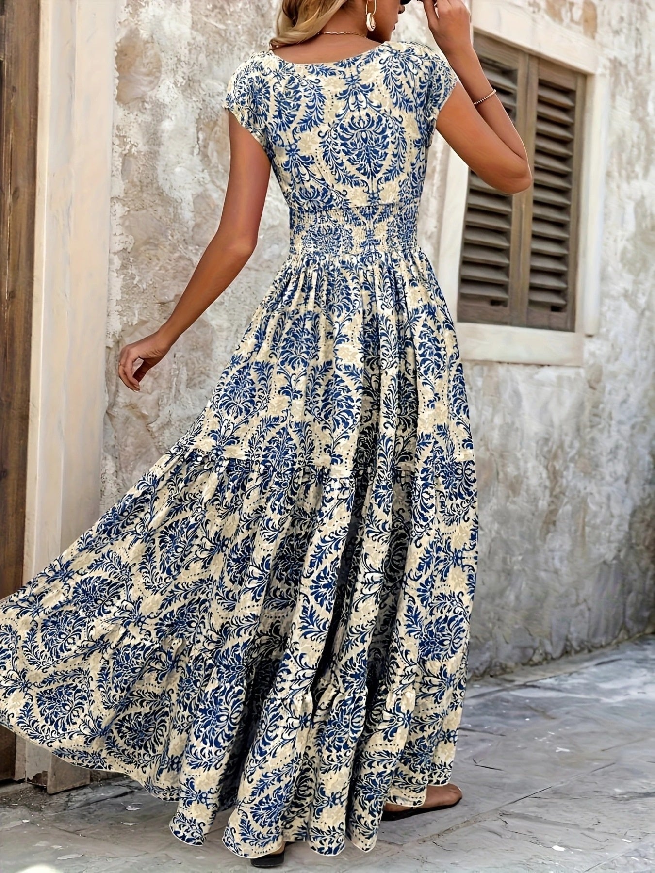 Printed Cap Sleeve Maxi Dress - cas7m