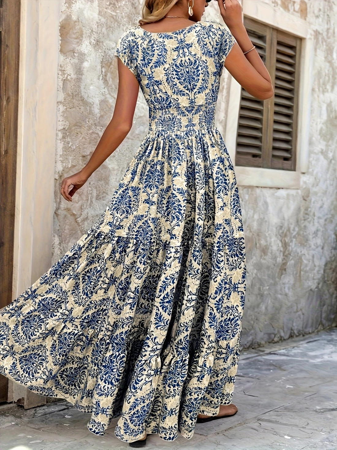 Printed Cap Sleeve Maxi Dress - cas7m