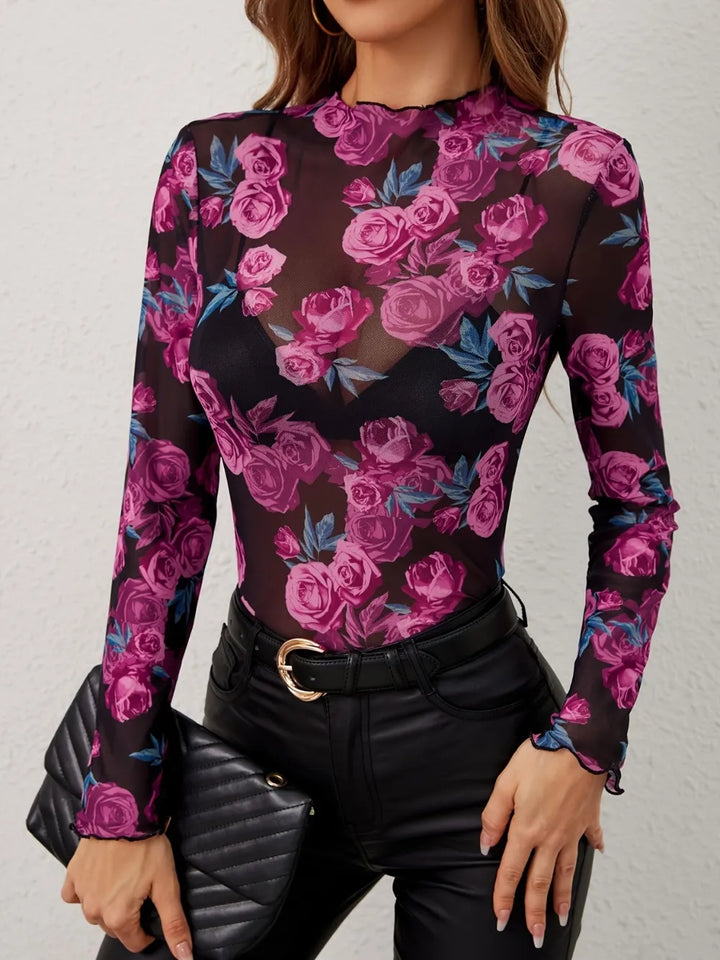 Floral Mock Neck Long Sleeve Top - cas7m
