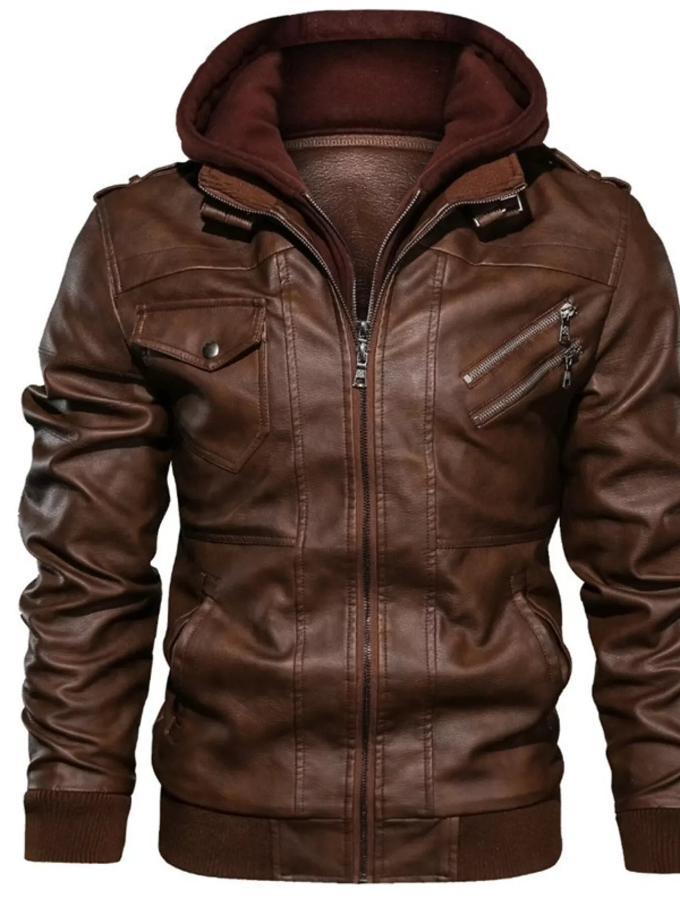 Men's Full Size Hooded Faux Leather Moto Jacket Plus Size - cas7m