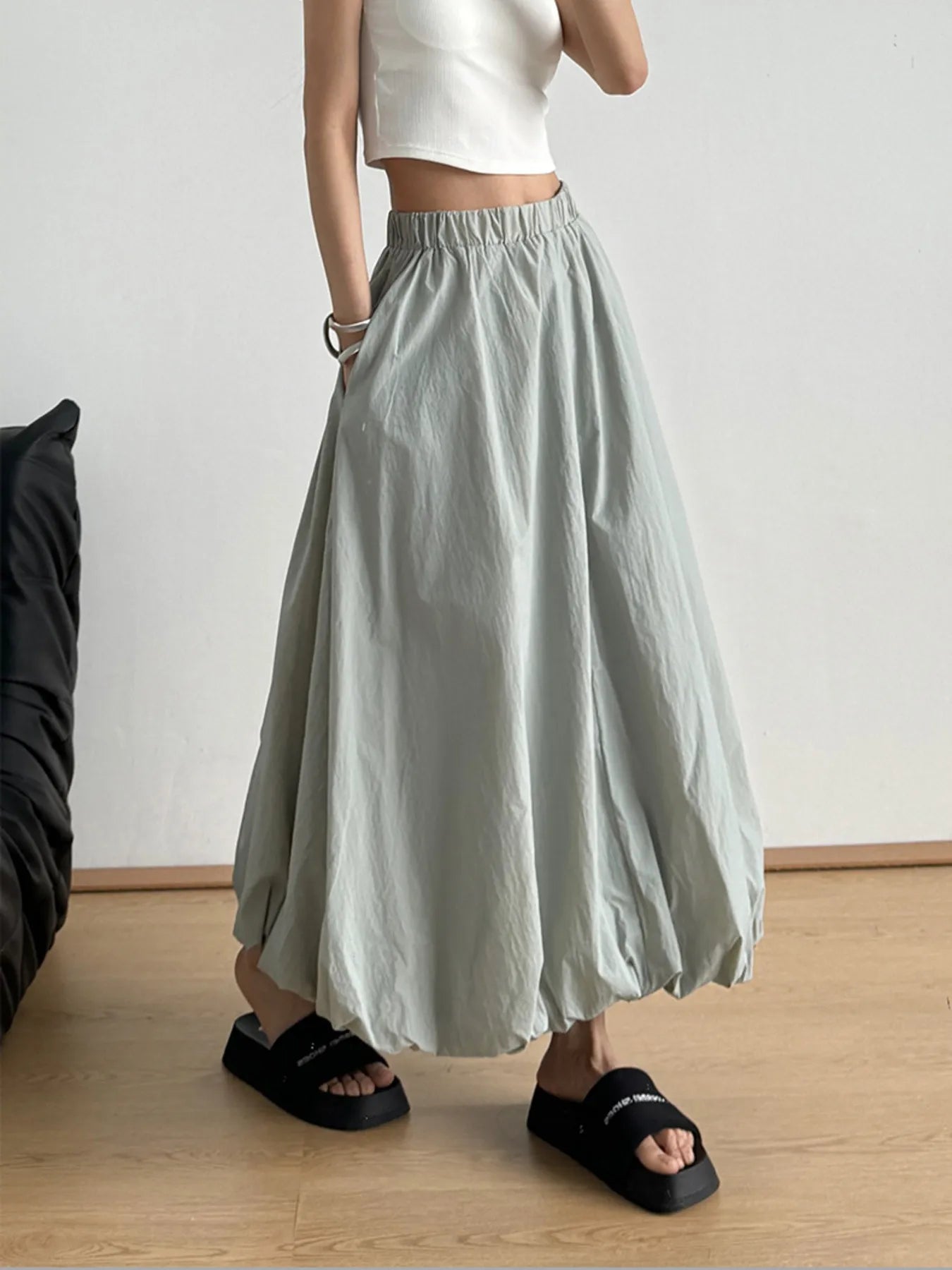 Elastic Waist Bubble Hem Maxi Skirt - cas7m