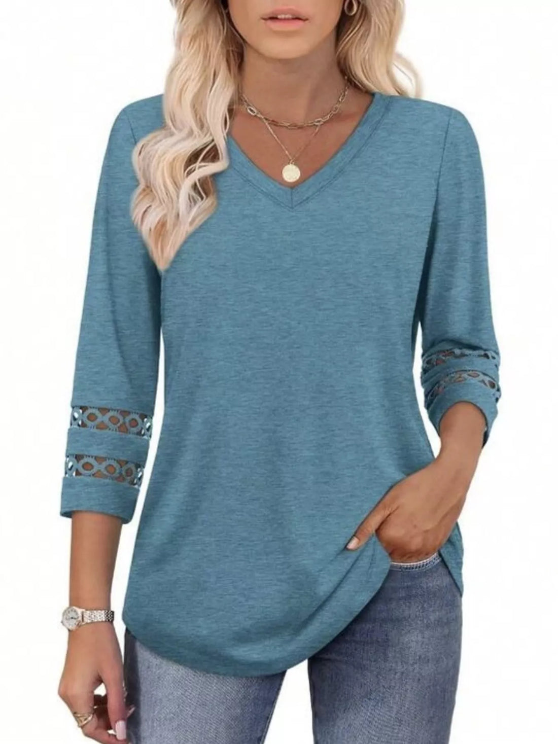 Full Size V-Neck 3/4 Sleeve T-Shirt Plus Size - cas7m