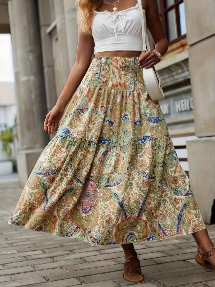 Smocked Printed High Waist Skirt - cas7m