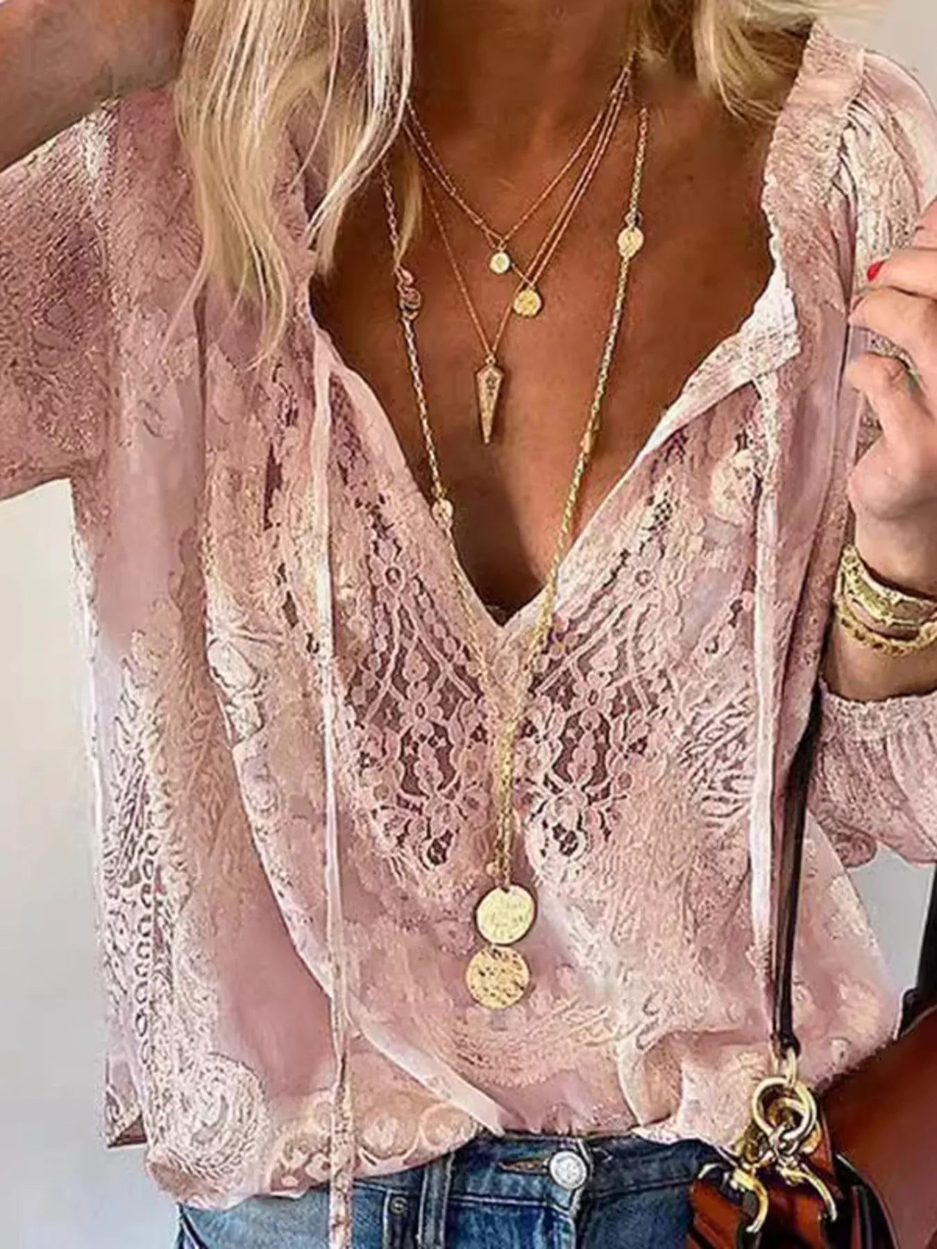 Lace Tie-Neck Blouse - cas7m