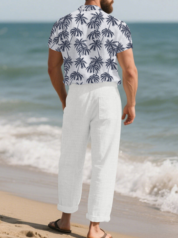 Men's Full Size Tropical Palm Print Button Up Shirt and Pants Set Plus Size - cas7m