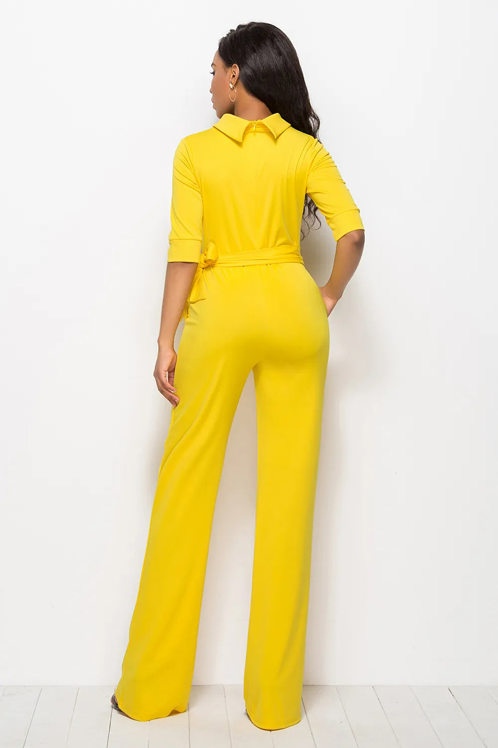 Mock Neck Tie-Waist Half Sleeve Jumpsuit - cas7m