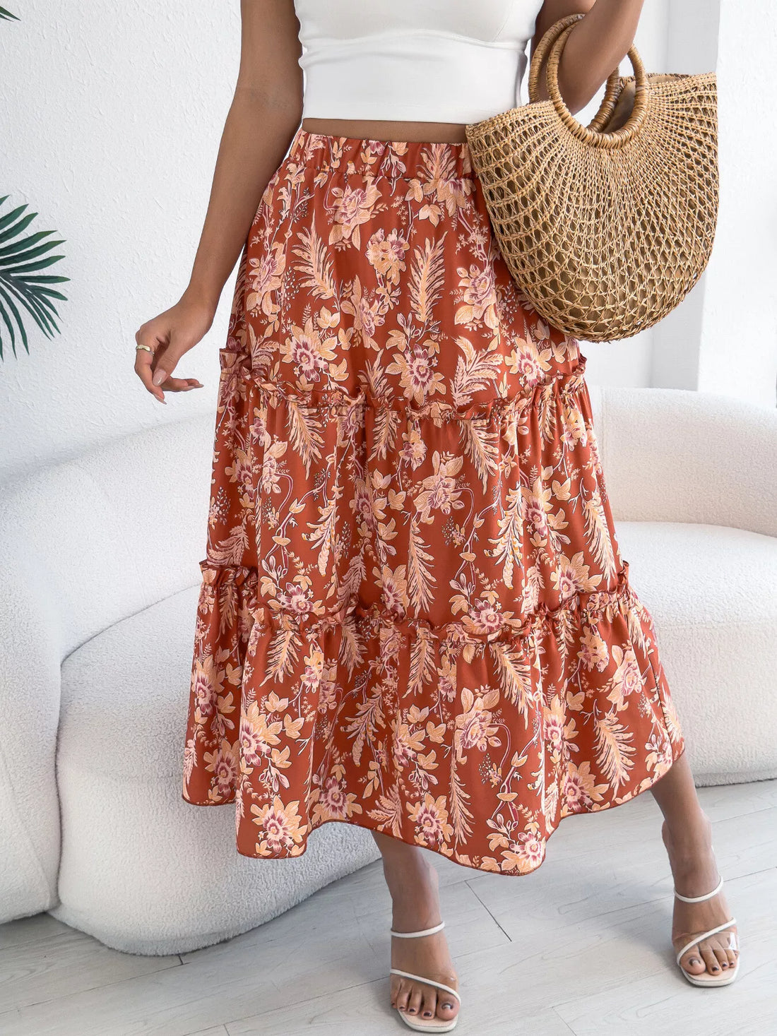Floral Print Ruffle Hem Flowy Midi Skirt - cas7m