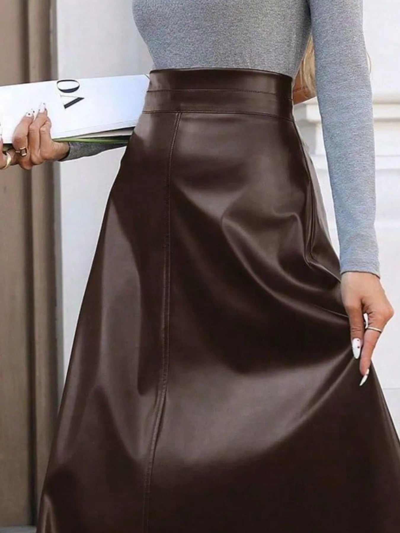 Leather A-Line Midi Skirt - cas7m