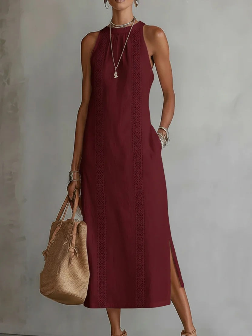 Women's Halter Neck Sleeveless Dress Lace Patchwork Holiday Style Summer Top - cas7m
