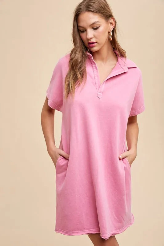 Annie Wear Mineral Washed Johnny Collar Short Sleeve Dress - cas7m