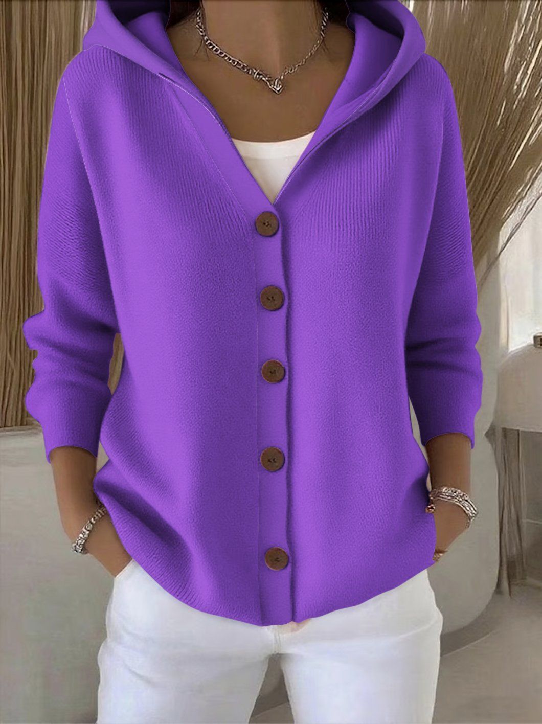 Ins Button Hooded Sweater Fashion Autumn And Winter Knitted Cardigan Casual Commuter Long Sleeve Top Women's Clothing - cas7m